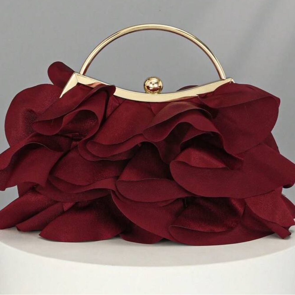 Chic Burgundy Ruffle Clutch with Gold Accents - Picture 3 of 6